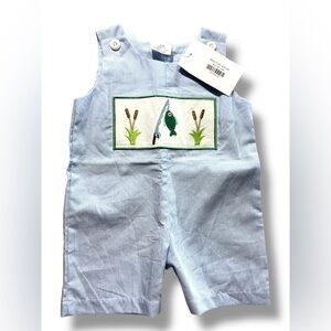 Blue White Gingham Seersucker Fishing Embroidered Jon Jon Shortall size 6 mos